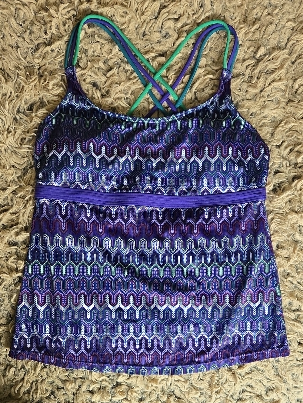 Prana Women’s Purple & Teal Strappy Tankini Swim Top with Shelf Bra & Pads